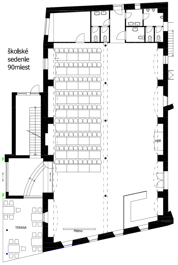 Pôdorys spoločenskej sály – školské sedenie 90 miest